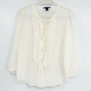 GAP‎ Womens Soft Girl Y2K Sheer Silk Ruffle Neck Tie Blouse Top Size M Cream